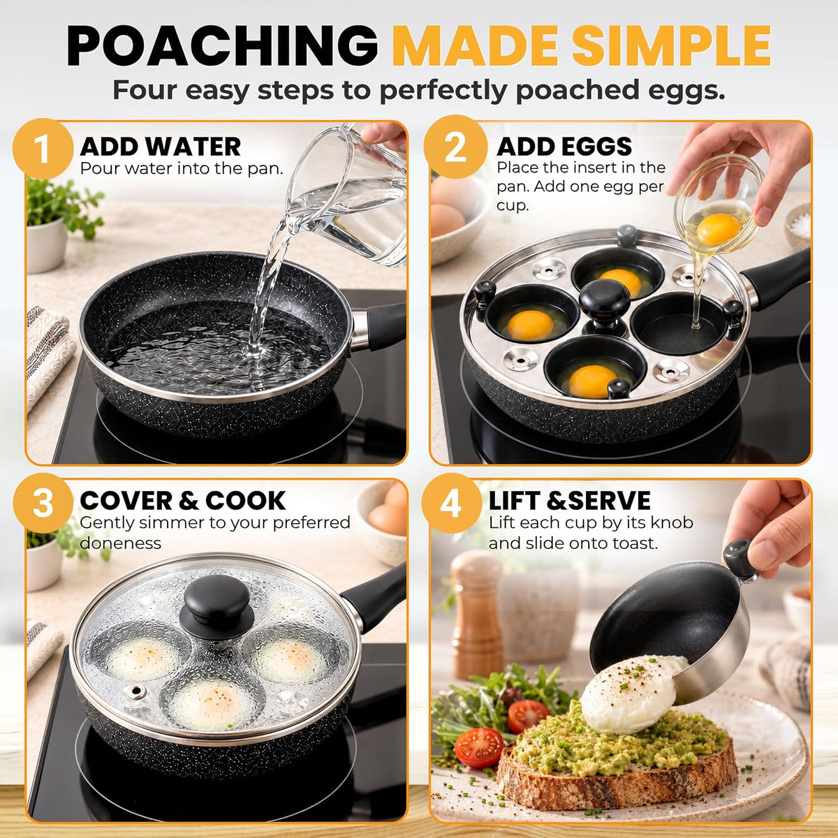 2 IN 1 Egg Pan & Egg Poacher Pan, Granite Nonstick Fry Pan Poached Egg Maker and Frying Skillet with Lid, Poached Eggs Cooker Food Grade Safe PFOA Free with Spatula, Egg Cookware - 4 Cups