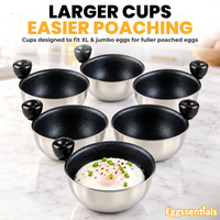Eggssentials Egg Poacher Replacement Spare Stainless Steel 68mm in Diameter Anti-Stick PFOA Free Individual Removable Poaching Cups (6)