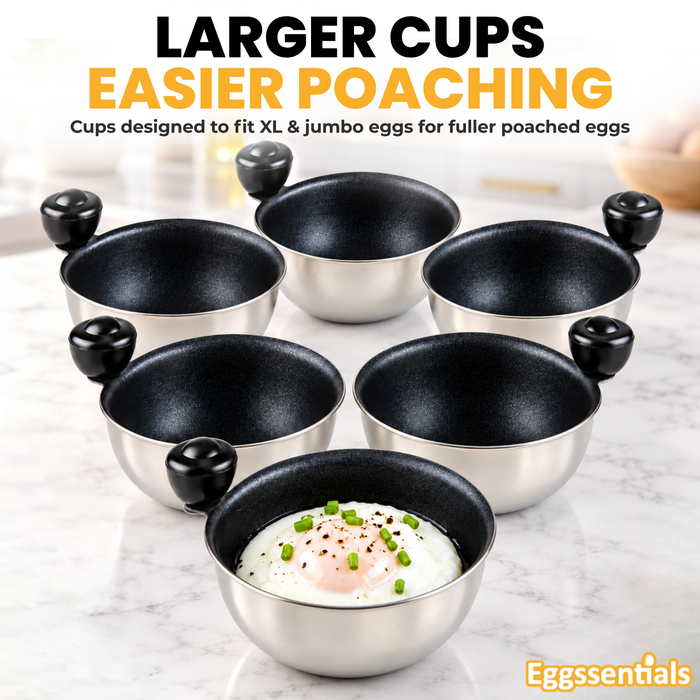 Eggssentials Egg Poacher Replacement Spare Stainless Steel 68mm in Diameter Anti-Stick PFOA Free Individual Removable Poaching Cups (6)