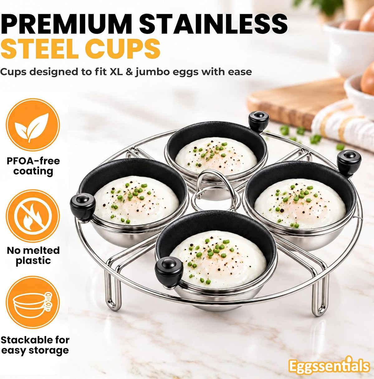 Eggssentials Egg Poacher Insert Stainless Steel Poached Egg Cooker Eggs Poaching Cup PFOA Free Egg Poachers Nonstick, 7.25" Rack Compatible with Current Cookware, Skillets & Instant Pots