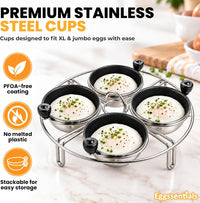Eggssentials Egg Poacher Insert Stainless Steel Poached Egg Cooker Eggs Poaching Cup PFOA Free Egg Poachers Nonstick, 7.25" Rack Compatible with Current Cookware, Skillets & Instant Pots
