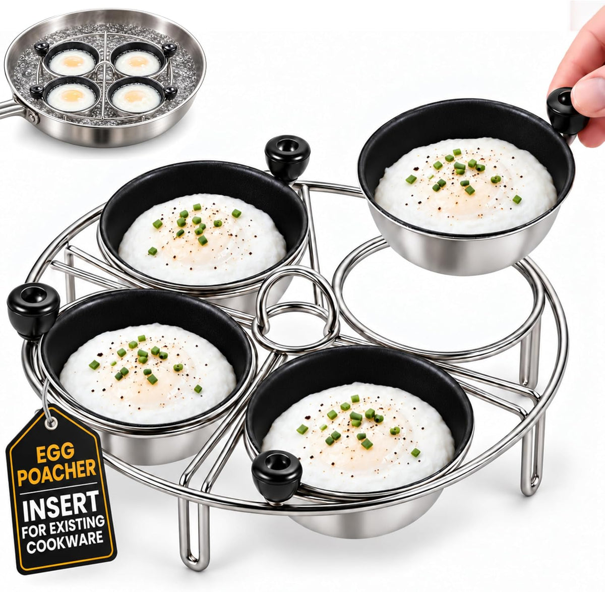 Eggssentials Egg Poacher Insert Stainless Steel Poached Egg Cooker Eggs Poaching Cup PFOA Free Egg Poachers Nonstick, 7.25" Rack Compatible with Current Cookware, Skillets & Instant Pots