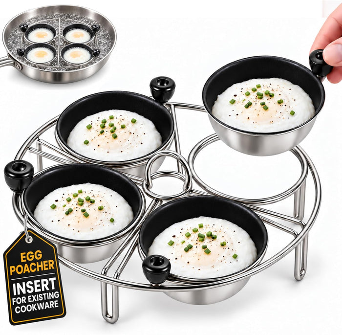 Eggssentials Egg Poacher Insert Stainless Steel Poached Egg Cooker Eggs Poaching Cup PFOA Free Egg Poachers Nonstick, 7.25" Rack Compatible with Current Cookware, Skillets & Instant Pots