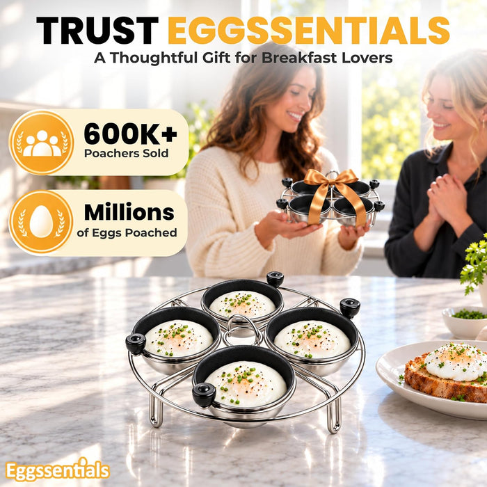 Eggssentials Egg Poacher Insert Stainless Steel Poached Egg Cooker Eggs Poaching Cup PFOA Free Egg Poachers Nonstick, 7.25" Rack Compatible with Current Cookware, Skillets & Instant Pots