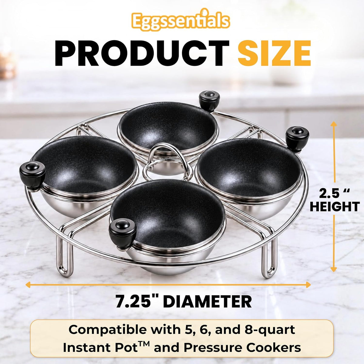 Eggssentials Egg Poacher Insert Stainless Steel Poached Egg Cooker Eggs Poaching Cup PFOA Free Egg Poachers Nonstick, 7.25" Rack Compatible with Current Cookware, Skillets & Instant Pots