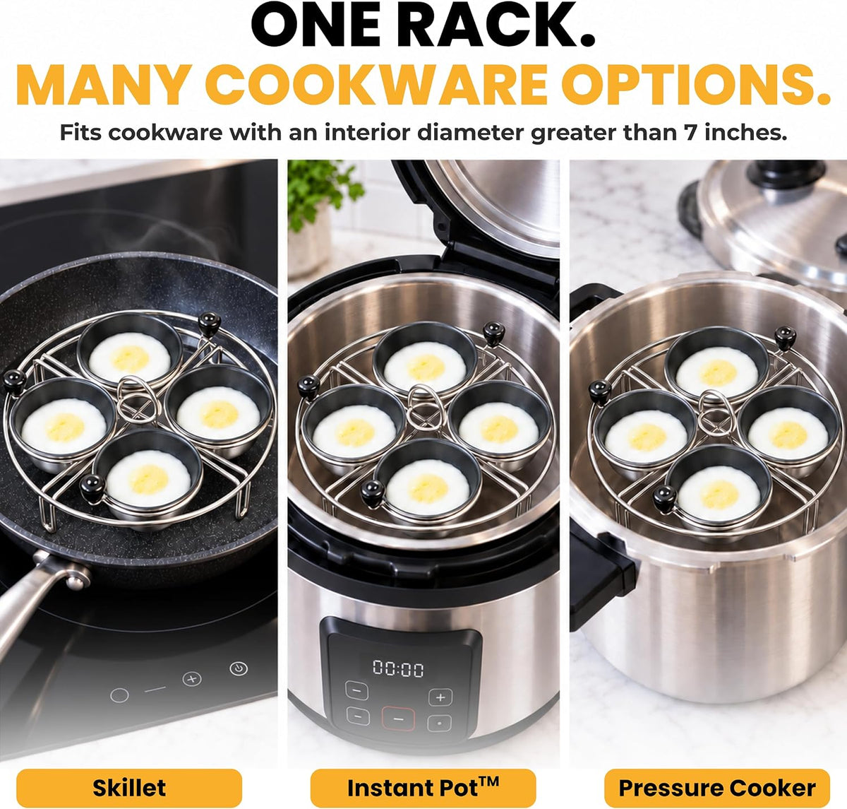 Eggssentials Egg Poacher Insert Stainless Steel Poached Egg Cooker Eggs Poaching Cup PFOA Free Egg Poachers Nonstick, 7.25" Rack Compatible with Current Cookware, Skillets & Instant Pots