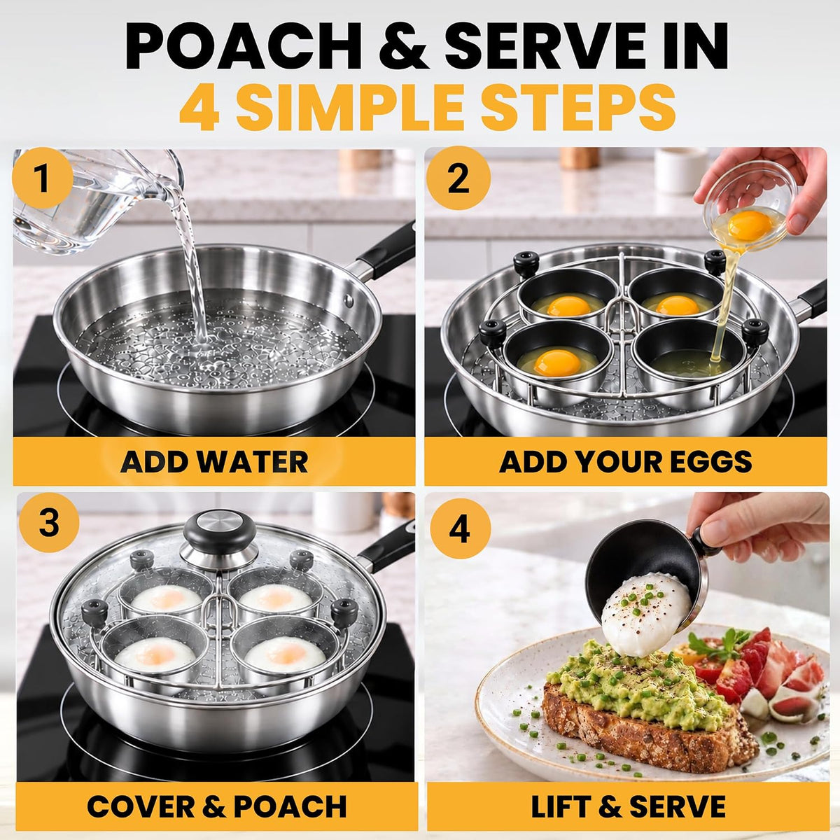 Eggssentials Egg Poacher Insert Stainless Steel Poached Egg Cooker Eggs Poaching Cup PFOA Free Egg Poachers Nonstick, 7.25" Rack Compatible with Current Cookware, Skillets & Instant Pots