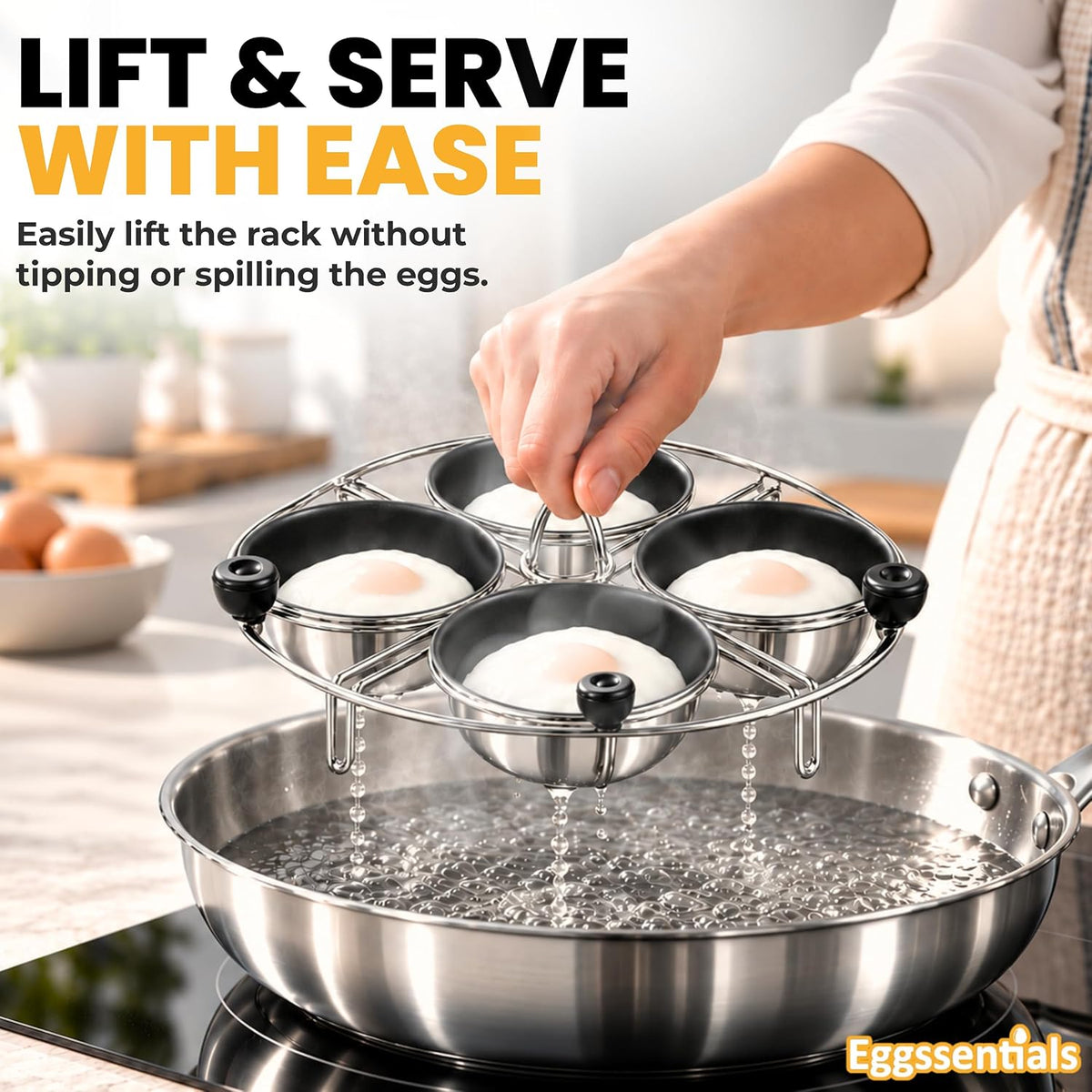 Eggssentials Egg Poacher Insert Stainless Steel Poached Egg Cooker Eggs Poaching Cup PFOA Free Egg Poachers Nonstick, 7.25" Rack Compatible with Current Cookware, Skillets & Instant Pots