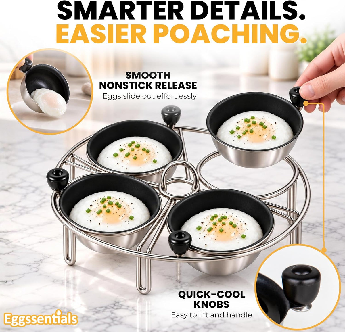 Eggssentials Egg Poacher Insert Stainless Steel Poached Egg Cooker Eggs Poaching Cup PFOA Free Egg Poachers Nonstick, 7.25" Rack Compatible with Current Cookware, Skillets & Instant Pots