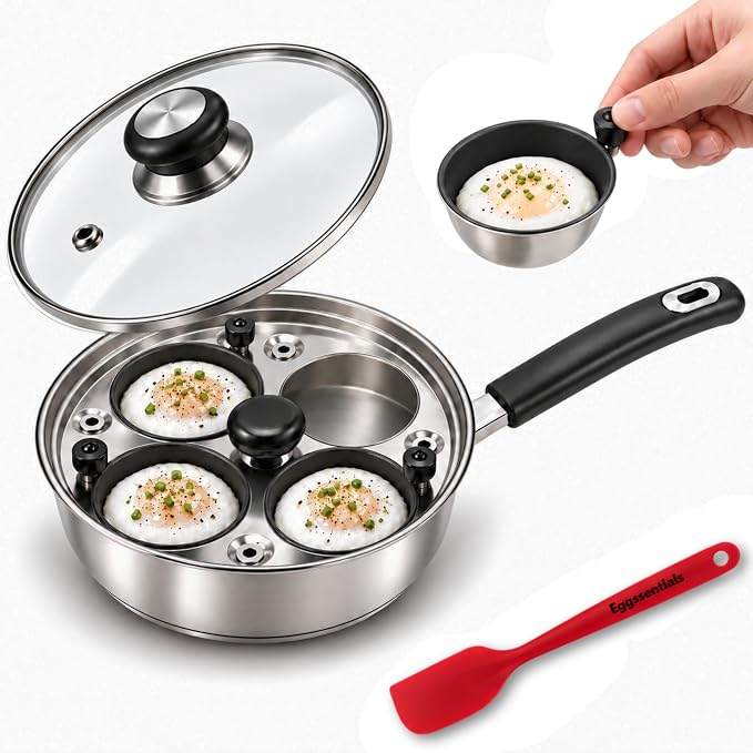 Egg Poacher - Eggssentials Poached Egg Maker, Stainless Steel Egg Poaching Pan, Poached Eggs Cooker Food Grade Safe PFOA Free with Spatula.