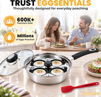Eggssentials Egg Poacher Pan Nonstick Poached Egg Maker, Stainless Steel Egg Poaching Pan, Poached Eggs Cooker Food Grade Safe PFOA Free with Spatula