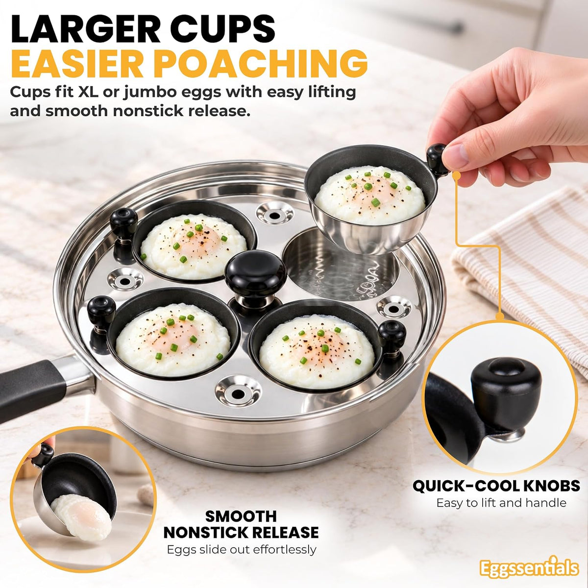 Eggssentials Egg Poacher Pan Nonstick Poached Egg Maker, Stainless Steel Egg Poaching Pan, Poached Eggs Cooker Food Grade Safe PFOA Free with Spatula