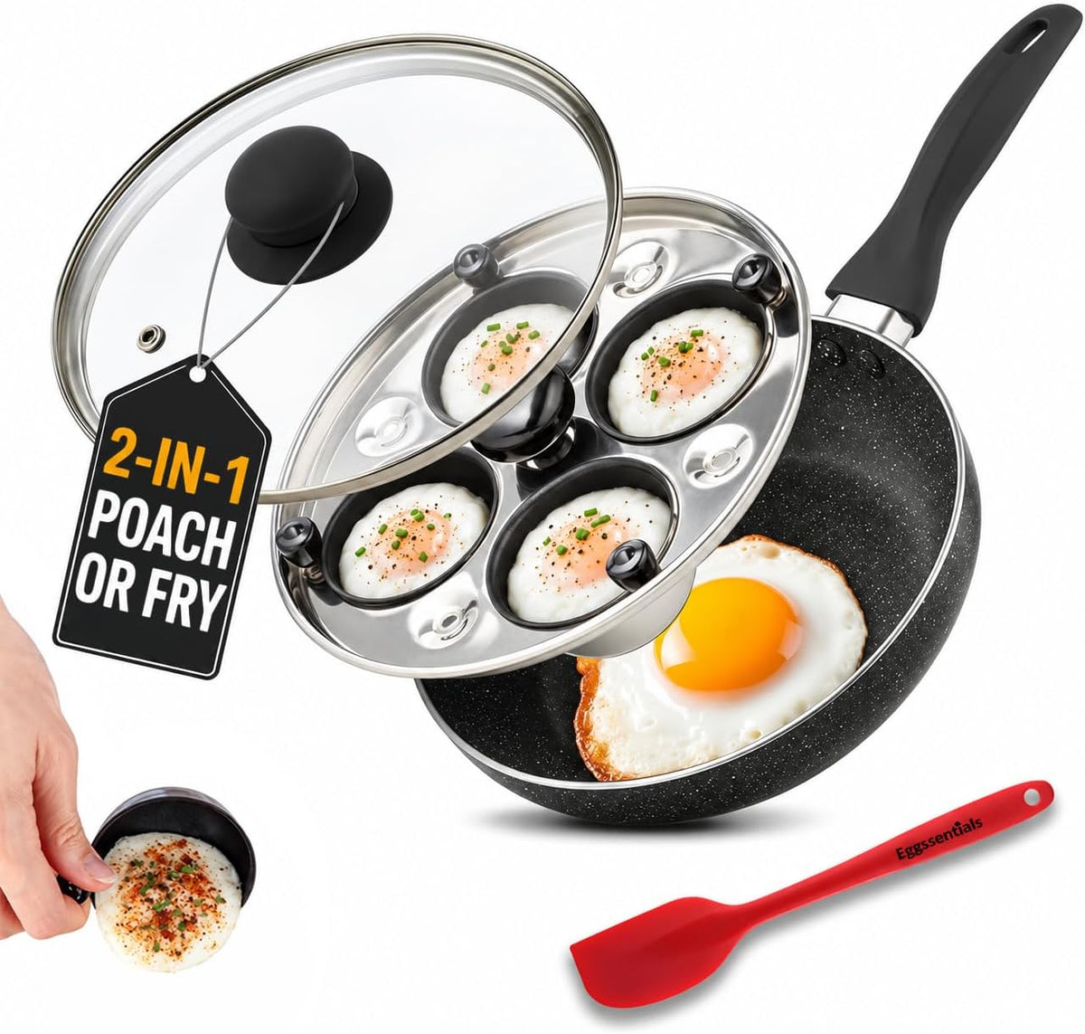 2 IN 1 Egg Pan & Egg Poacher Pan, Granite Nonstick Fry Pan Poached Egg Maker and Frying Skillet with Lid, Poached Eggs Cooker Food Grade Safe PFOA Free with Spatula, Egg Cookware - 4 Cups