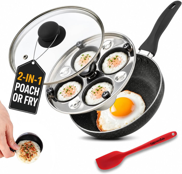 Eggssentials 2 IN 1 Egg Pan & Egg Poacher Pan, Granite Nonstick Fry Pan Poached Egg Maker and Frying Skillet with Lid, Poached Eggs Cooker Food Grade Safe PFOA Free with Spatula, Egg Cookware - 4 Cups