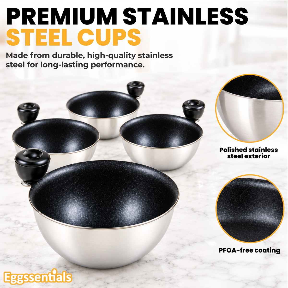 Eggssentials Egg Poacher Replacement Spare Stainless Steel Anti-Stick PFOA Free Individual Removable Poaching Cups (4)