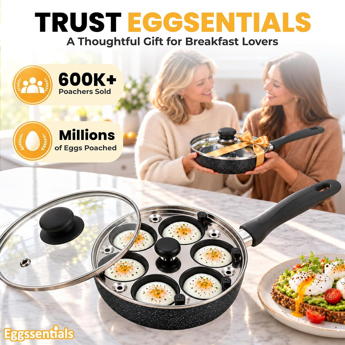 Eggssentials 2 IN 1 Egg Poacher Pan & 10 inch Frying Pan - Poached Egg Maker, Granite Egg Poacher with 6 Cups - Egg Pan Nonstick Omelette Pan