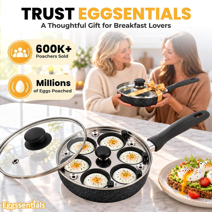 Eggssentials 2 IN 1 Egg Poacher Pan & 10 inch Frying Pan - Poached Egg Maker, Granite Egg Poacher with 6 Cups - Egg Pan Nonstick Omelette Pan