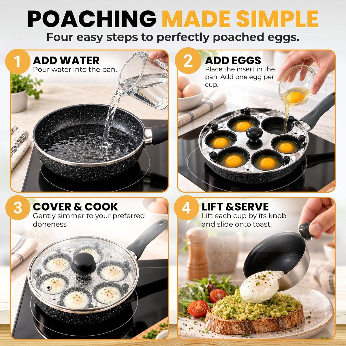 Eggssentials 2 IN 1 Egg Poacher Pan & 10 inch Frying Pan - Poached Egg Maker, Granite Egg Poacher with 6 Cups - Egg Pan Nonstick Omelette Pan