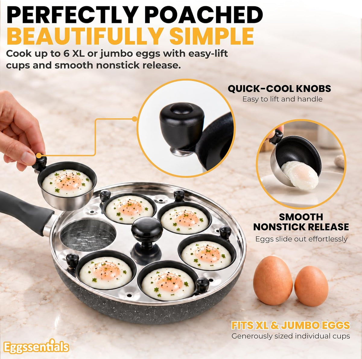 Eggssentials 2 IN 1 Egg Poacher Pan & 10 inch Frying Pan - Poached Egg Maker, Granite Egg Poacher with 6 Cups - Egg Pan Nonstick Omelette Pan