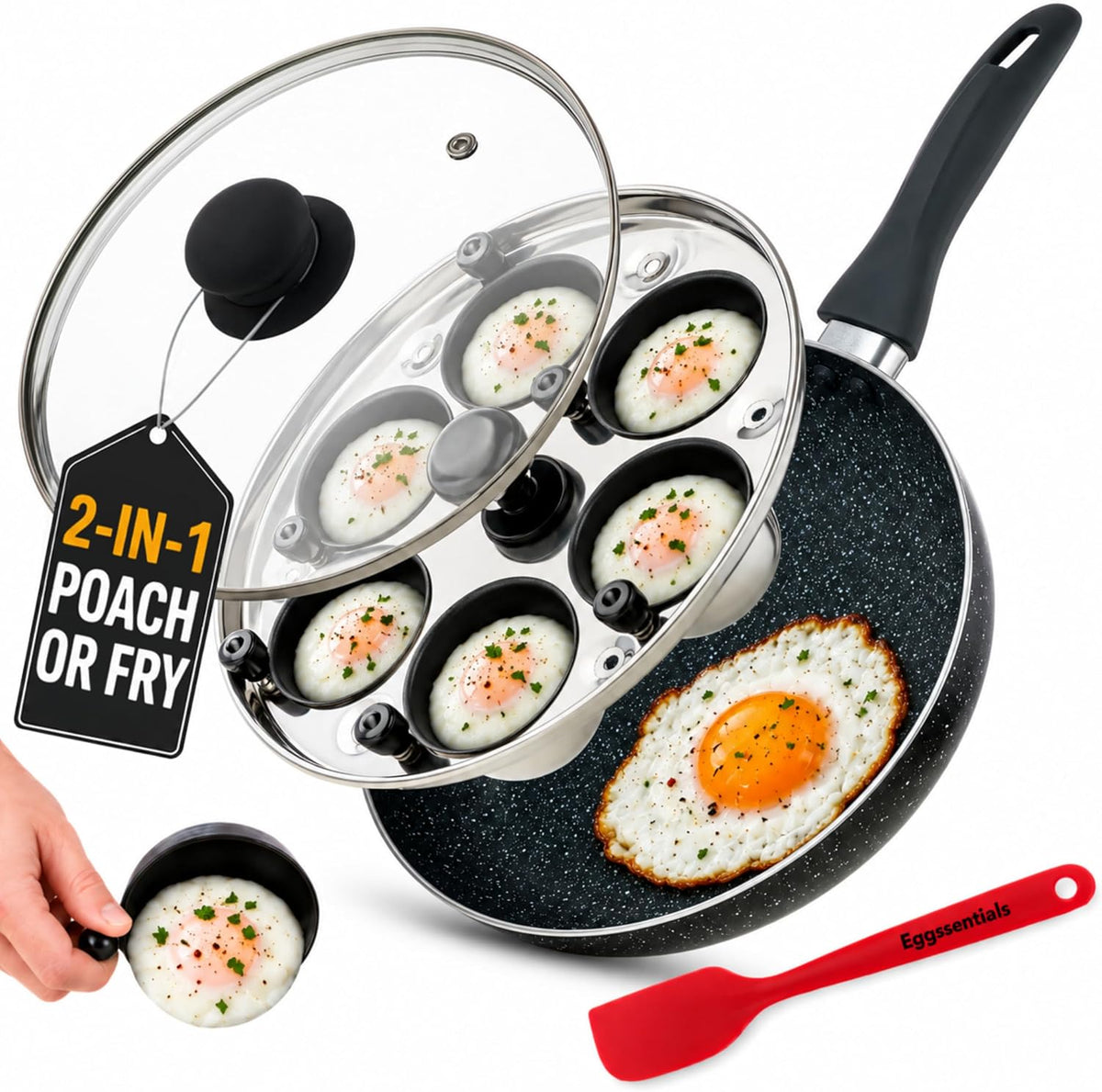 Eggssentials 2 IN 1 Egg Poacher Pan & 10 inch Frying Pan - Poached Egg Maker, Granite Egg Poacher with 6 Cups - Egg Pan Nonstick Omelette Pan