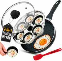 Eggssentials 2 IN 1 Egg Poacher Pan & 10 inch Frying Pan - Poached Egg Maker, Granite Egg Poacher with 6 Cups - Egg Pan Nonstick Omelette Pan