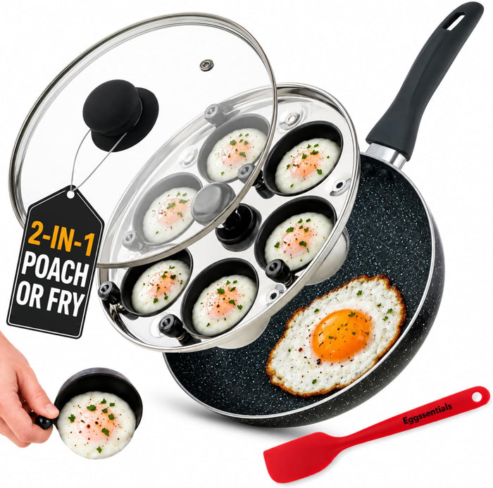 Eggssentials 2 IN 1 Egg Poacher Pan & 10 inch Frying Pan - Poached Egg Maker, Granite Egg Poacher with 6 Cups - Egg Pan Nonstick Omelette Pan