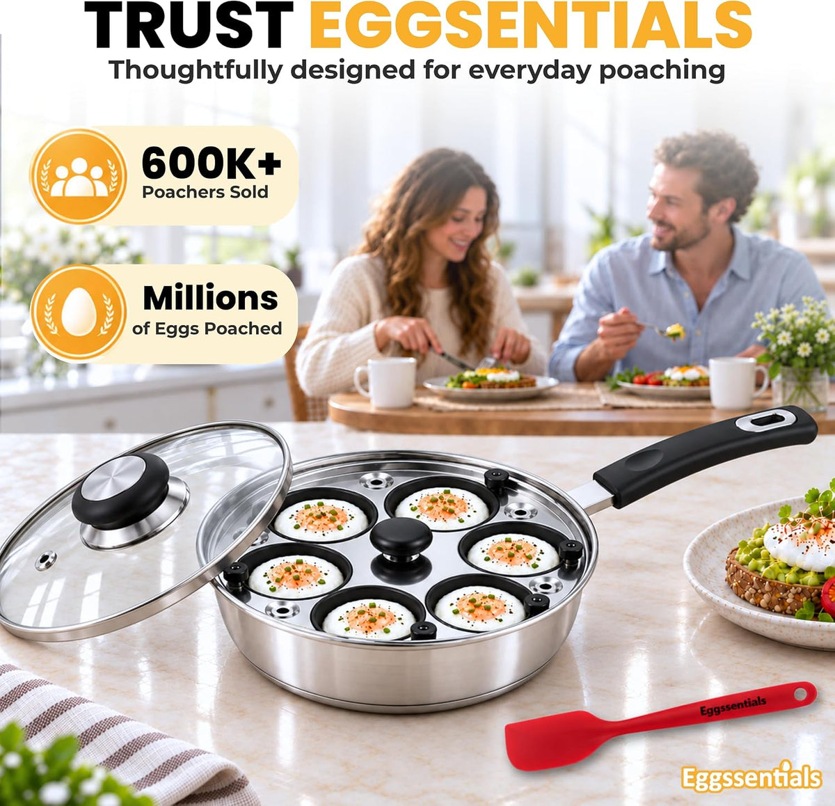 Eggssentials Poached Egg Maker Stainless Steel Egg Poacher Pan Food Grade Safe PFOA Free with Spatula
