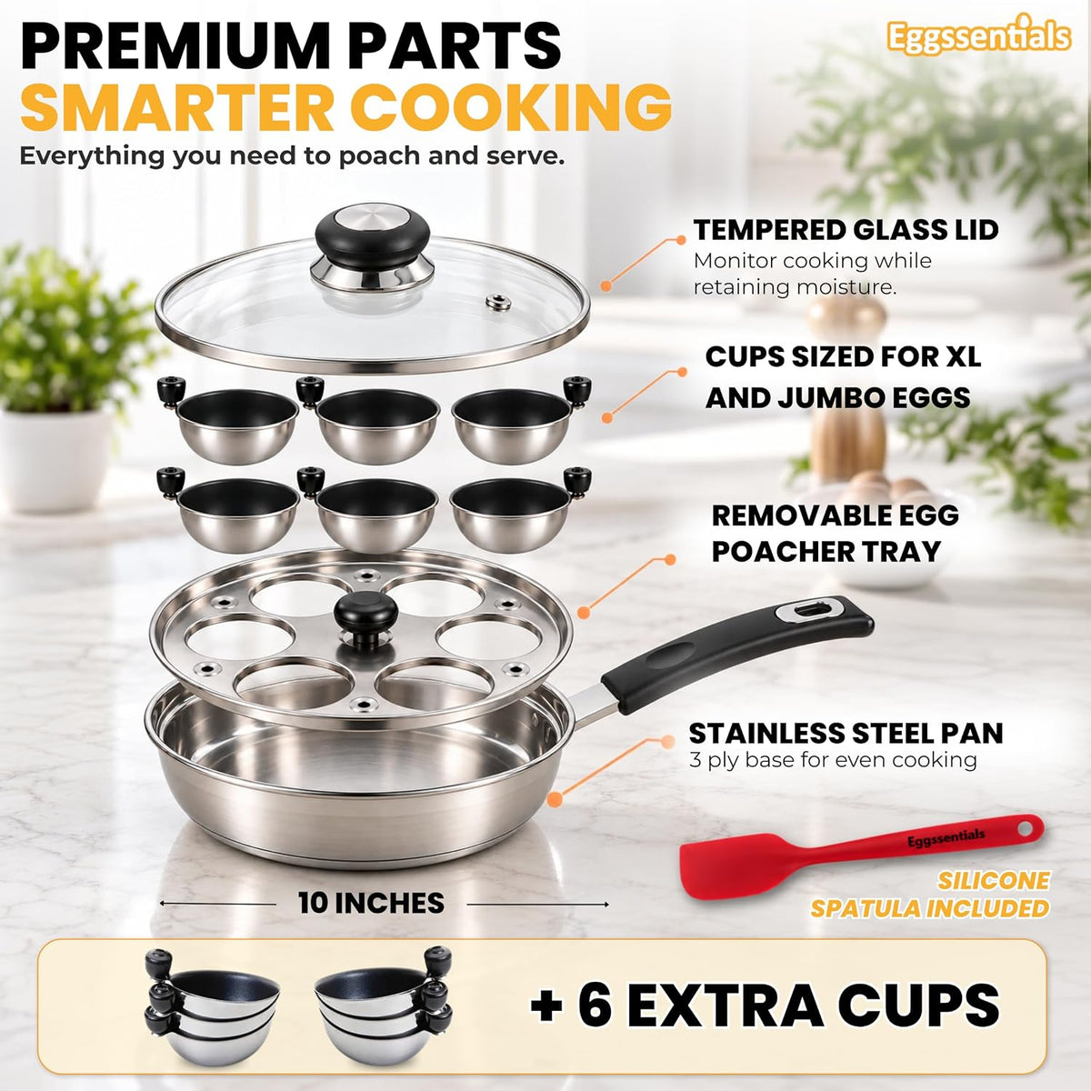 Eggssentials Poached Egg Maker Stainless Steel Egg Poacher Pan Food Grade Safe PFOA Free with Spatula