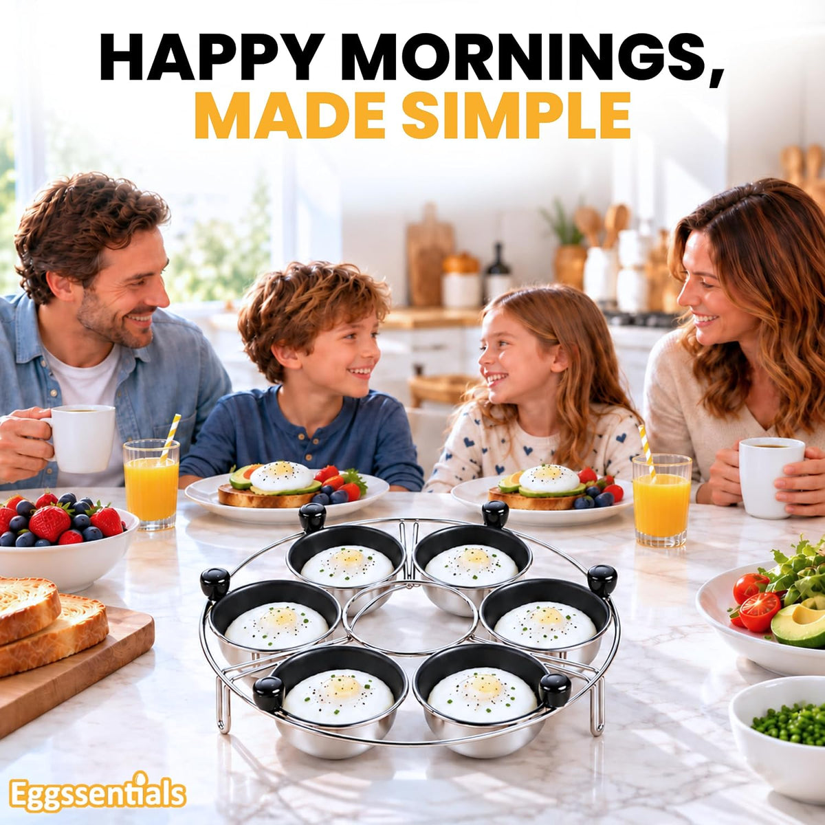 Eggssentials Egg Poacher Insert Stainless Steel Poached Egg Cooker Eggs Poaching Cup PFOA Free Egg Poachers Nonstick, 9 inches Rack, 6 Poached Cups