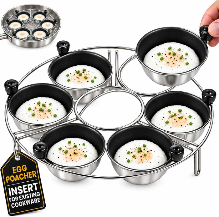 Eggssentials Egg Poacher Insert Stainless Steel Poached Egg Cooker Eggs Poaching Cup PFOA Free Egg Poachers Nonstick, 9 inches Rack, 6 Poached Cups
