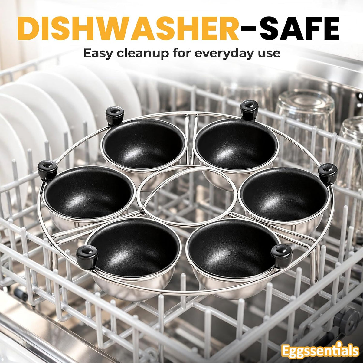 Eggssentials Egg Poacher Insert Stainless Steel Poached Egg Cooker Eggs Poaching Cup PFOA Free Egg Poachers Nonstick, 9 inches Rack, 6 Poached Cups