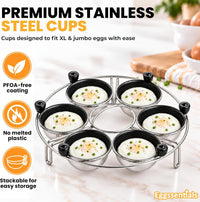 Eggssentials Egg Poacher Insert Stainless Steel Poached Egg Cooker Eggs Poaching Cup PFOA Free Egg Poachers Nonstick, 9 inches Rack, 6 Poached Cups