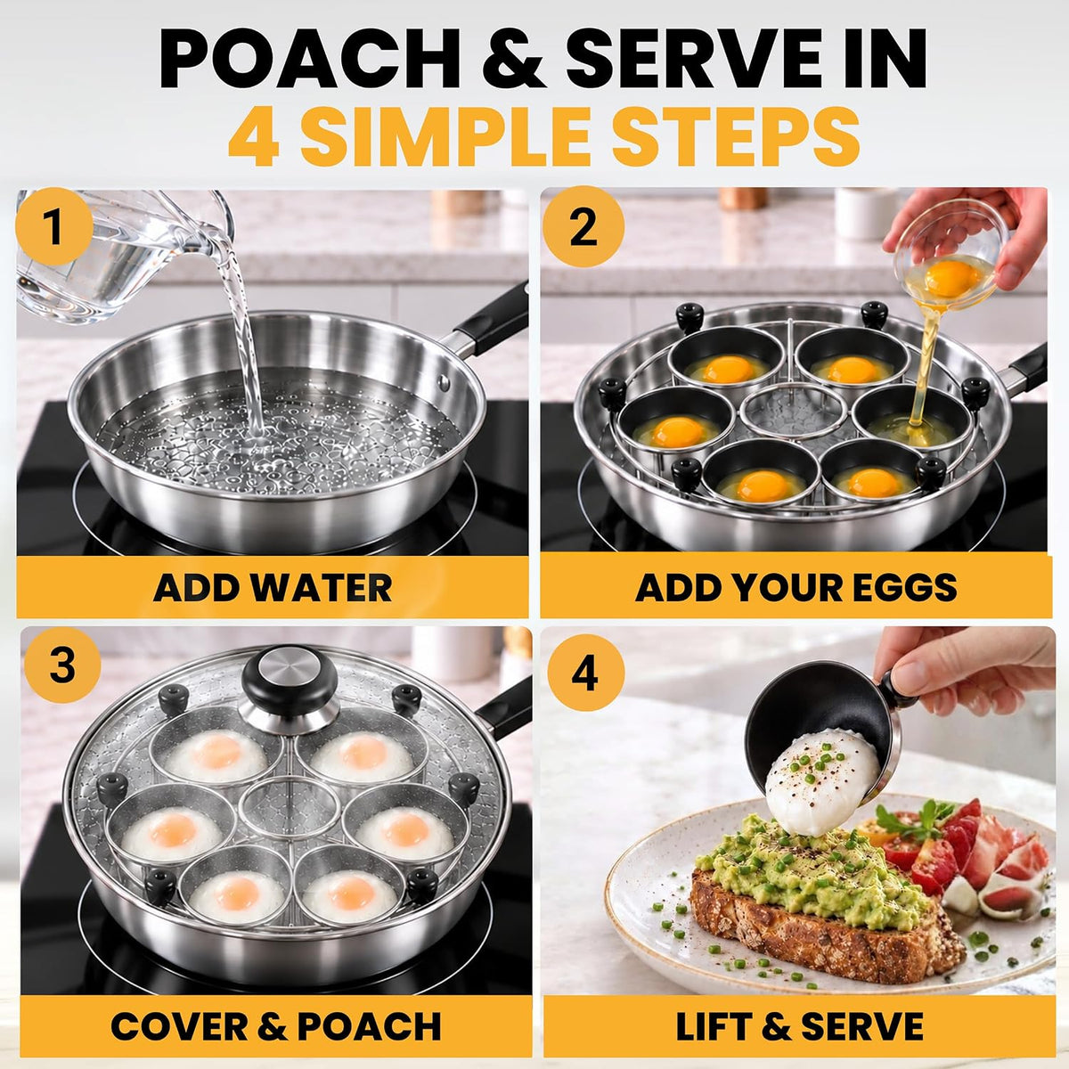Eggssentials Egg Poacher Insert Stainless Steel Poached Egg Cooker Eggs Poaching Cup PFOA Free Egg Poachers Nonstick, 9 inches Rack, 6 Poached Cups