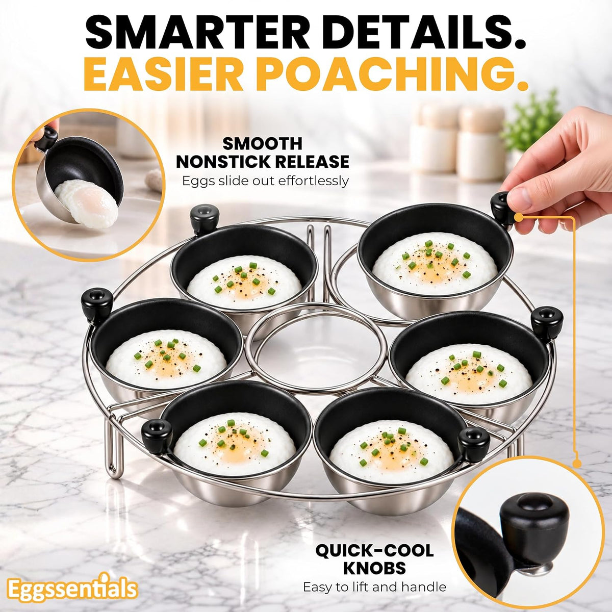 Eggssentials Egg Poacher Insert Stainless Steel Poached Egg Cooker Eggs Poaching Cup PFOA Free Egg Poachers Nonstick, 9 inches Rack, 6 Poached Cups