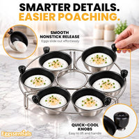 Eggssentials Egg Poacher Insert Stainless Steel Poached Egg Cooker Eggs Poaching Cup PFOA Free Egg Poachers Nonstick, 9 inches Rack, 6 Poached Cups
