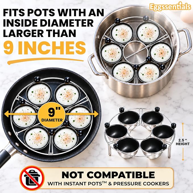 Eggssentials Egg Poacher Insert Stainless Steel Poached Egg Cooker Eggs Poaching Cup PFOA Free Egg Poachers Nonstick, 9 inches Rack, 6 Poached Cups