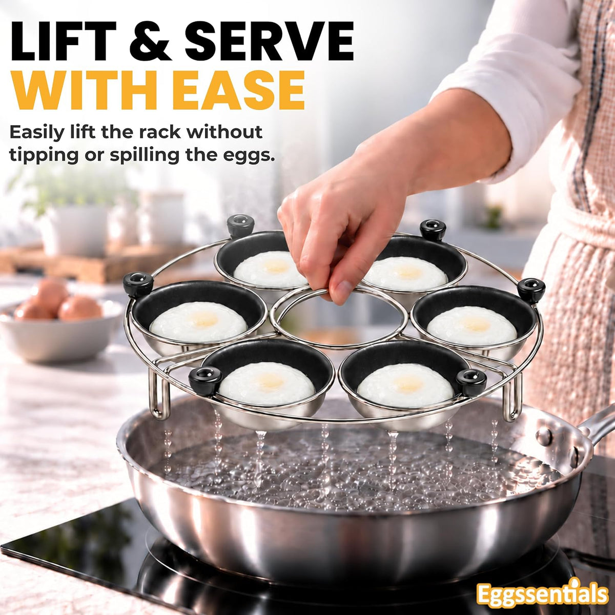 Eggssentials Egg Poacher Insert Stainless Steel Poached Egg Cooker Eggs Poaching Cup PFOA Free Egg Poachers Nonstick, 9 inches Rack, 6 Poached Cups