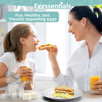 Mother and daughter enjoying breakfast with cubed eggs made using Eggssentials egg cuber tool.