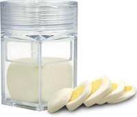Transparent egg cuber mold holding a hard-boiled egg with neatly sliced cubed egg pieces displayed.