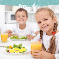 Smiling children enjoying fresh salad with cubed eggs and orange juice using Eggssentials egg cuber.