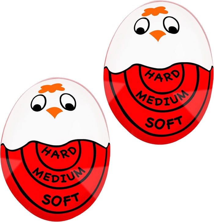 Cute chicken-shaped egg timer with soft, medium, and hard boil indicators in red sections.