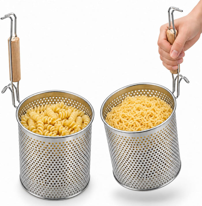Pasta Strainer with Handle - Pack of 2 Noodle basket made up of Stainless Steel Mesh - Pasta Basket for Boiling Noodles, Dumplings, Spaghetti – Boiling Strainer & Pasta Cooker.