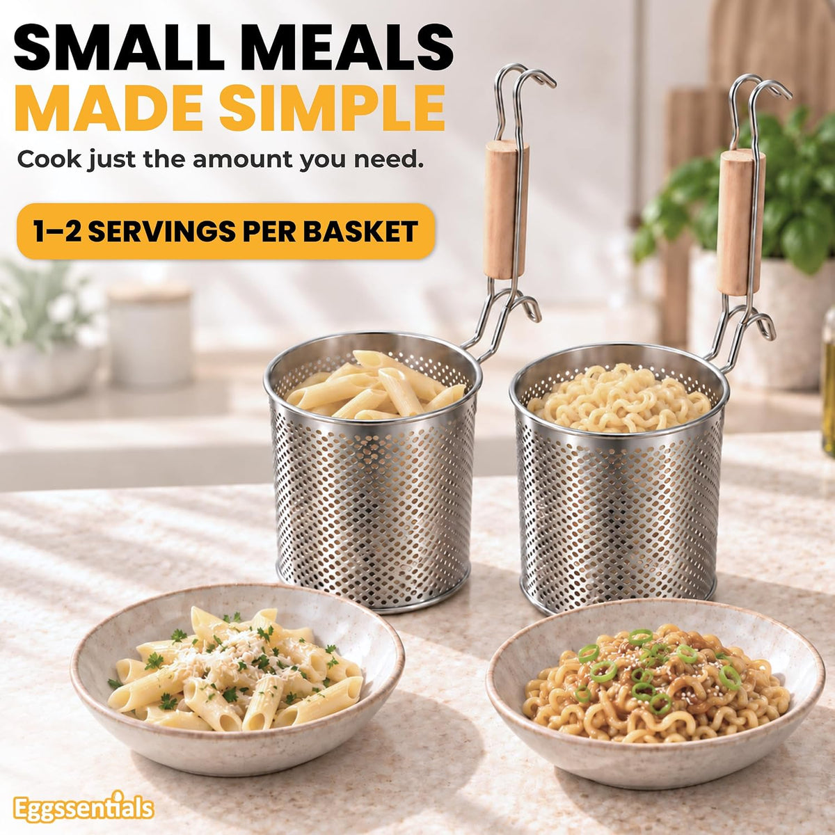 Pasta Strainer with Handle - Pack of 2 Noodle basket made up of Stainless Steel Mesh - Pasta Basket for Boiling Noodles, Dumplings, Spaghetti – Boiling Strainer & Pasta Cooker.