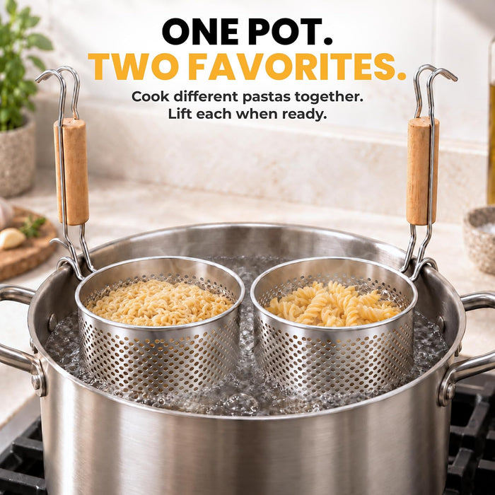 Eggssentials - Pasta Strainer with Handle - Pack of 2 Noodle basket made up of Stainless Steel Mesh - Pasta Basket for Boiling Noodles, Dumplings, Spaghetti – Boiling Strainer & Pasta Cooker.