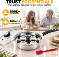Egg Poacher - Eggssentials Poached Egg Maker, Stainless Steel Egg Poaching Pan, Poached Eggs Cooker Food Grade Safe PFOA Free with Spatula.