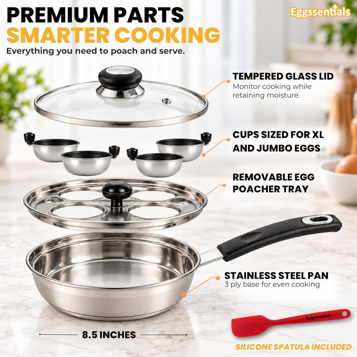 Egg Poacher - Eggssentials Poached Egg Maker, Stainless Steel Egg Poaching Pan, Poached Eggs Cooker Food Grade Safe PFOA Free with Spatula.