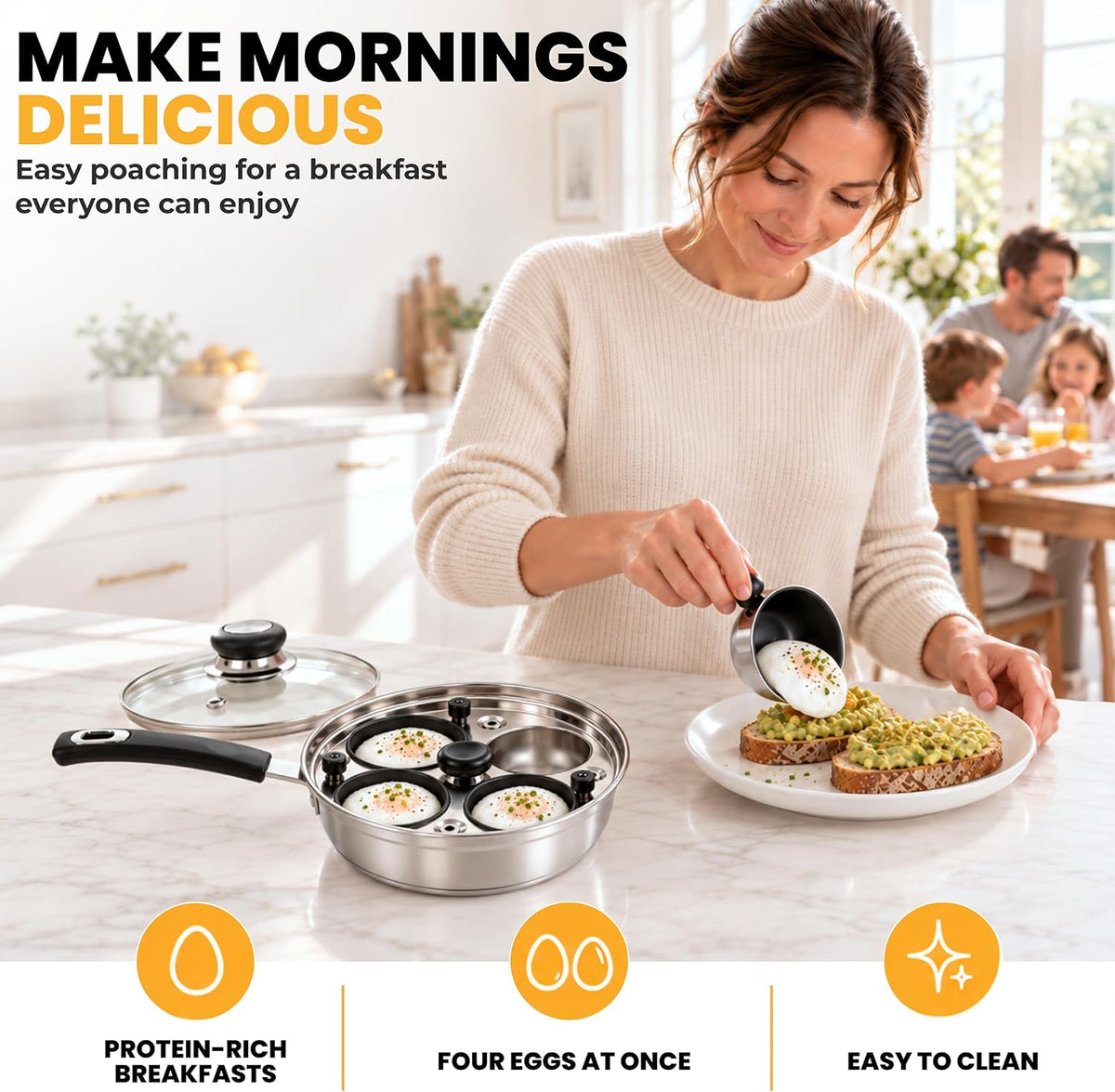 Egg Poacher - Eggssentials Poached Egg Maker, Stainless Steel Egg Poaching Pan, Poached Eggs Cooker Food Grade Safe PFOA Free with Spatula.