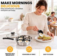Egg Poacher - Eggssentials Poached Egg Maker, Stainless Steel Egg Poaching Pan, Poached Eggs Cooker Food Grade Safe PFOA Free with Spatula.