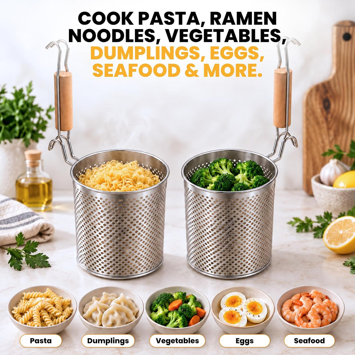 Pasta Strainer with Handle - Pack of 2 Noodle basket made up of Stainless Steel Mesh - Pasta Basket for Boiling Noodles, Dumplings, Spaghetti – Boiling Strainer & Pasta Cooker.