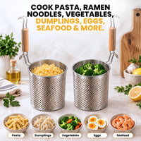 Pasta Strainer with Handle - Pack of 2 Noodle basket made up of Stainless Steel Mesh - Pasta Basket for Boiling Noodles, Dumplings, Spaghetti – Boiling Strainer & Pasta Cooker.